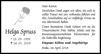 Traueranzeige von Helga Spruss von Nordwest-Zeitung