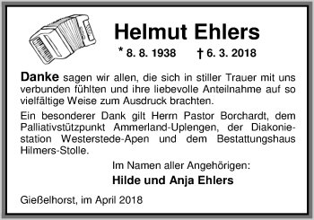 Traueranzeige von Helmut Ehlers von Nordwest-Zeitung