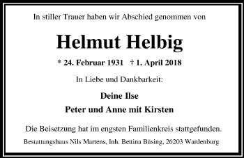 Traueranzeige von Helmut Helbig von Nordwest-Zeitung