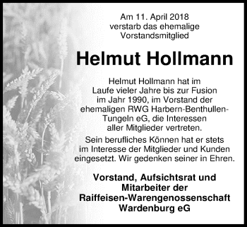 Traueranzeige von Helmut Hollmann von Nordwest-Zeitung