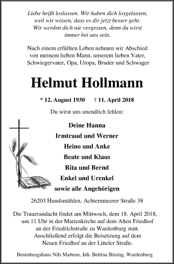 Traueranzeige von Helmut Hollmann von Nordwest-Zeitung