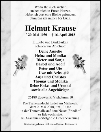 Traueranzeige von Helmut Krause von Nordwest-Zeitung