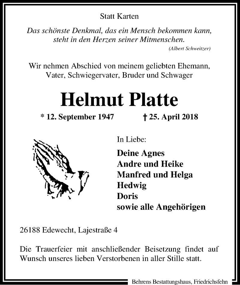 Traueranzeige für Helmut Platte vom 30.04.2018 aus Nordwest-Zeitung