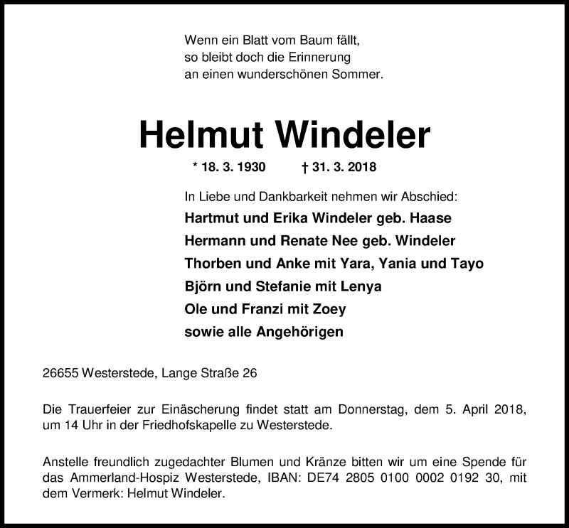  Traueranzeige für Helmut Windeler vom 03.04.2018 aus Nordwest-Zeitung