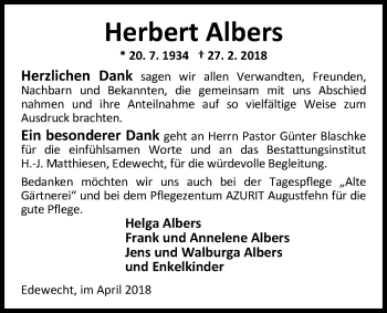 Traueranzeige von Herbert Albers von Nordwest-Zeitung