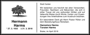 Traueranzeige von Hermann Harms von Nordwest-Zeitung