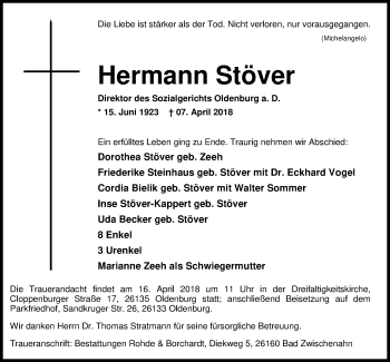 Traueranzeige von Hermann Stöver von Nordwest-Zeitung