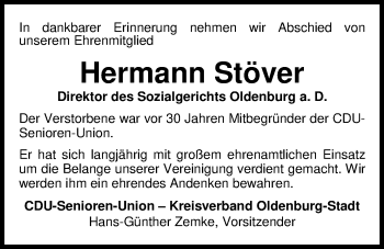 Traueranzeige von Hermann Stöver von Nordwest-Zeitung