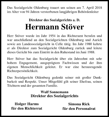 Traueranzeige von Hermann Stöver von Nordwest-Zeitung