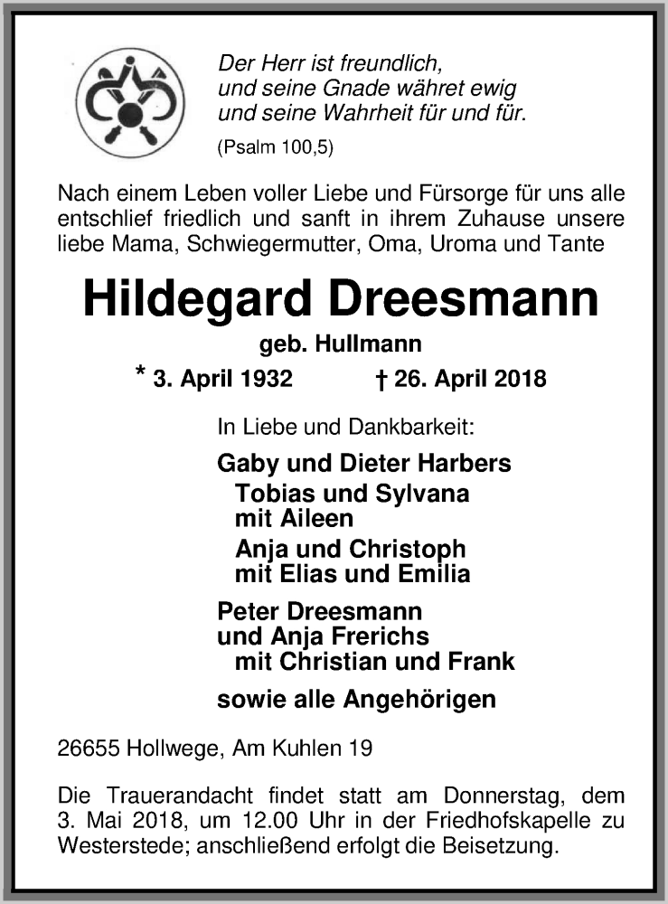  Traueranzeige für Hildegard Dreesmann vom 30.04.2018 aus Nordwest-Zeitung