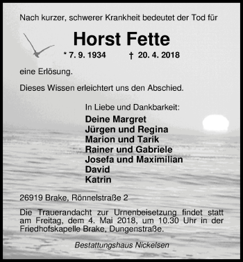 Traueranzeige von Horst Fette von Nordwest-Zeitung