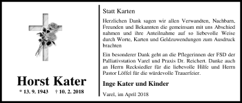 Traueranzeige von Horst Kater von Nordwest-Zeitung