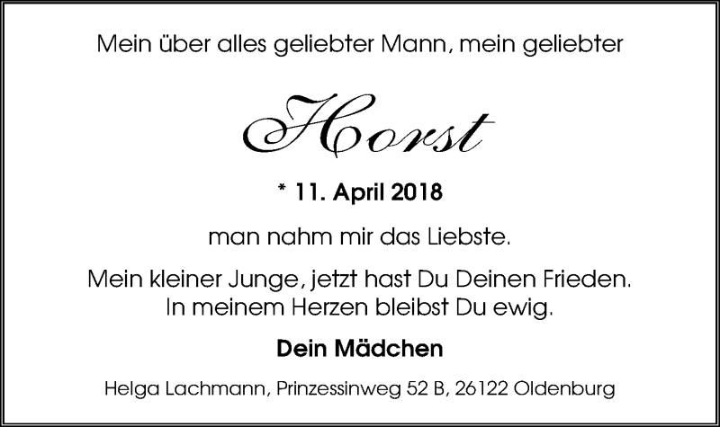  Traueranzeige für Horst Lachmann vom 14.04.2018 aus Nordwest-Zeitung