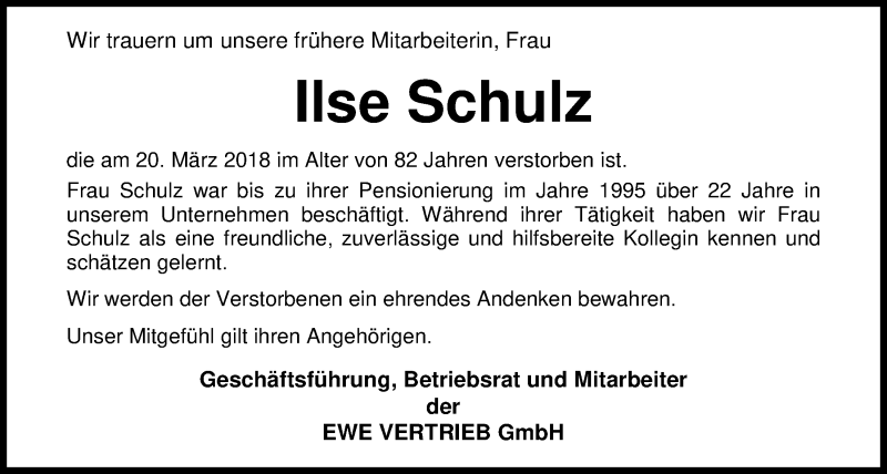  Traueranzeige für Ilse Schulz vom 13.04.2018 aus Nordwest-Zeitung