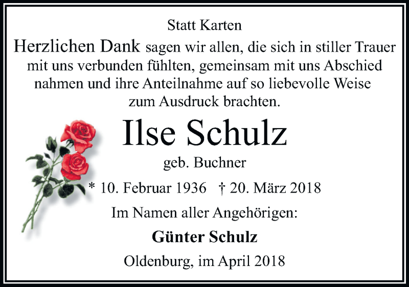  Traueranzeige für Ilse Schulz vom 21.04.2018 aus Nordwest-Zeitung