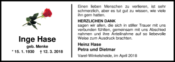 Traueranzeige von Inge Hase von Nordwest-Zeitung