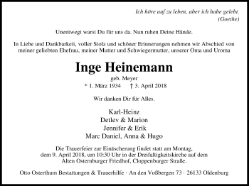 Traueranzeige von Inge Heinemann von Nordwest-Zeitung