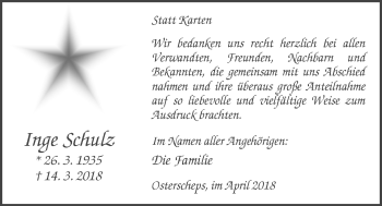 Traueranzeige von Inge Schulz von Nordwest-Zeitung