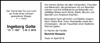 Traueranzeige von Ingeborg Golte von Nordwest-Zeitung