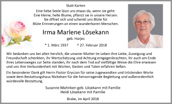 Traueranzeige von Irma Marlene Lösekann von Nordwest-Zeitung