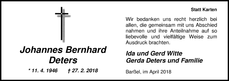 Traueranzeige für Johannes Bernhard Deters vom 14.04.2018 aus Nordwest-Zeitung