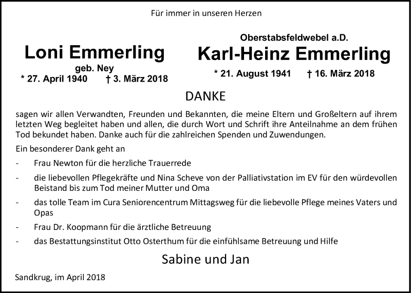  Traueranzeige für Karl-Heinz Emmerling vom 28.04.2018 aus Nordwest-Zeitung