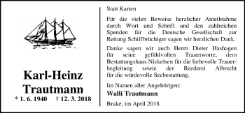 Traueranzeige von Karl-Heinz Trautmann von Nordwest-Zeitung
