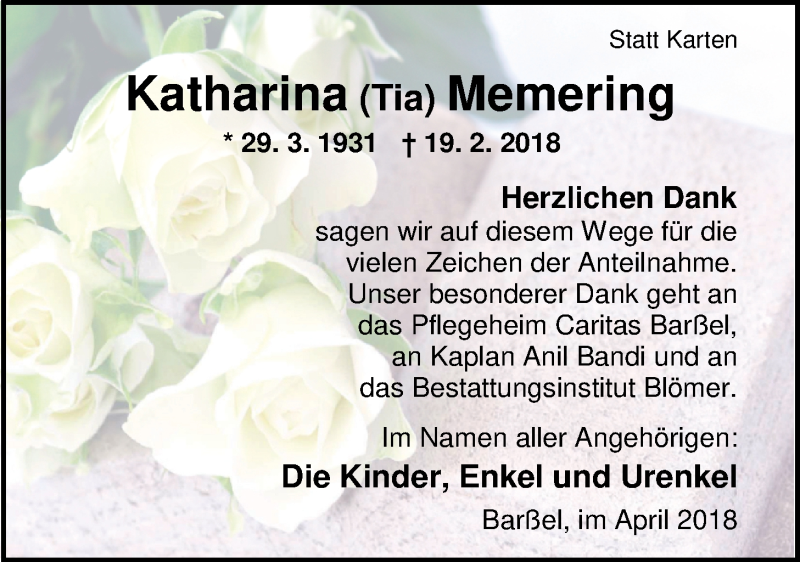  Traueranzeige für Katharina Memering vom 07.04.2018 aus Nordwest-Zeitung