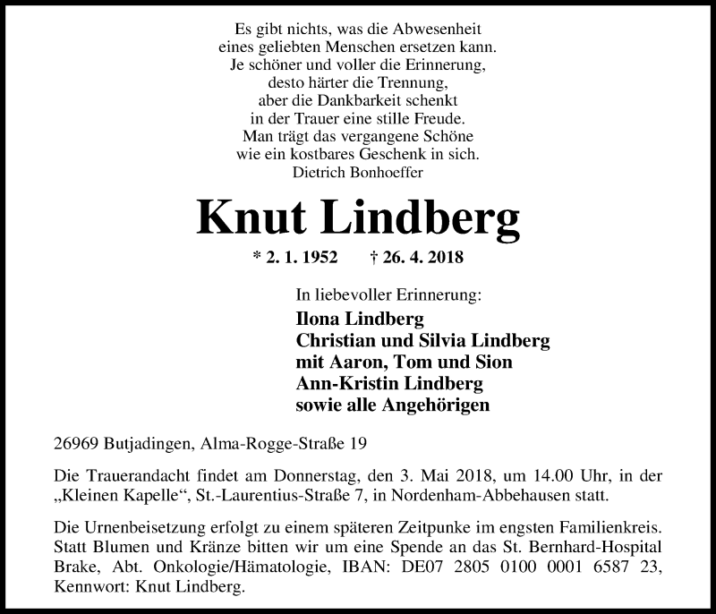  Traueranzeige für Knut Lindberg vom 30.04.2018 aus Nordwest-Zeitung