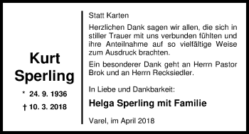 Traueranzeige von Kurt Sperling von Nordwest-Zeitung