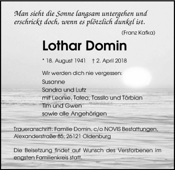 Traueranzeige von Lothar Domin von Nordwest-Zeitung