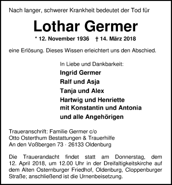 Traueranzeige von Lothar Germer von Nordwest-Zeitung