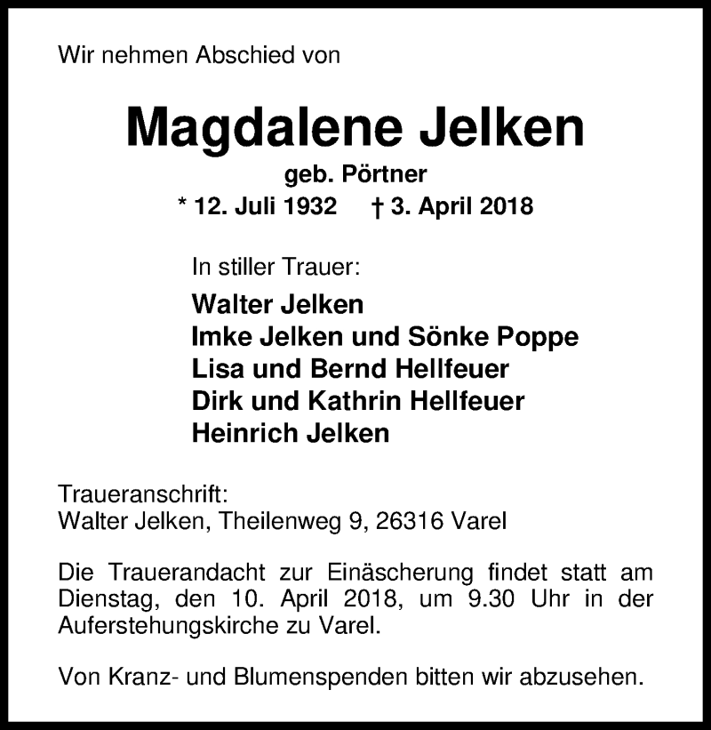  Traueranzeige für Magdalene Jelken vom 07.04.2018 aus Nordwest-Zeitung