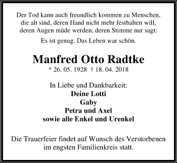 Traueranzeige von Manfred Otto Radtke von Nordwest-Zeitung