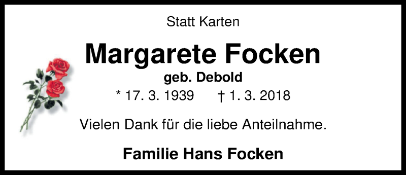  Traueranzeige für Margarete Focken vom 07.04.2018 aus Nordwest-Zeitung