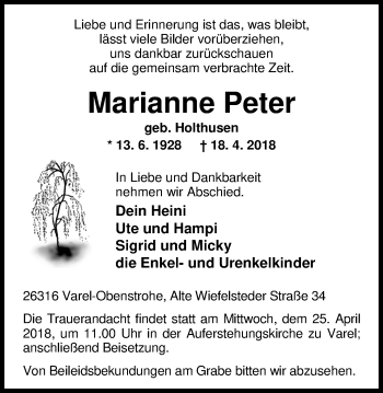 Traueranzeige von Marianne Peter von Nordwest-Zeitung