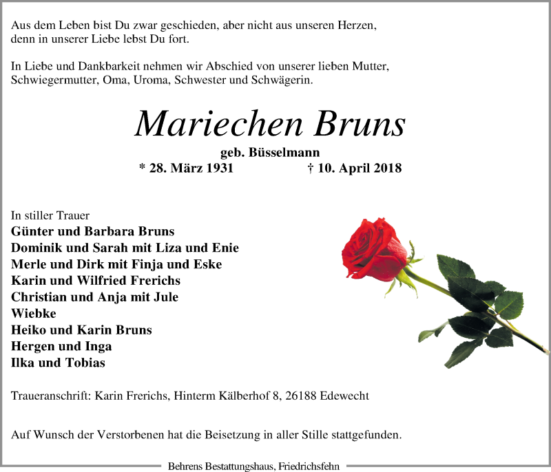  Traueranzeige für Mariechen Bruns vom 20.04.2018 aus Nordwest-Zeitung