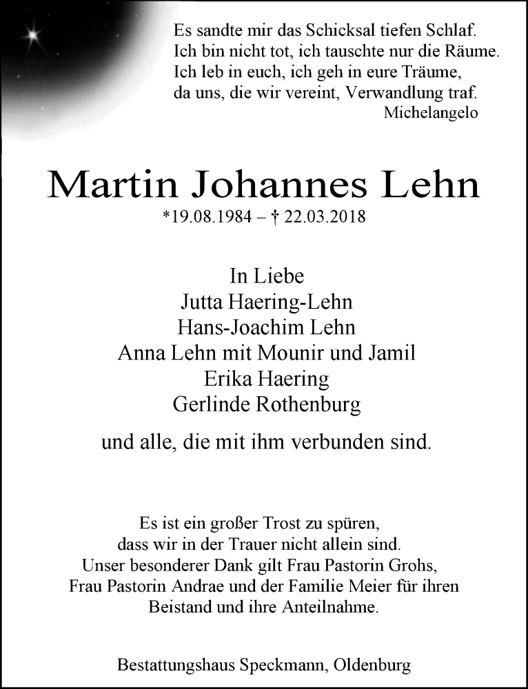  Traueranzeige für Martin Johannes Lehn vom 07.04.2018 aus Nordwest-Zeitung