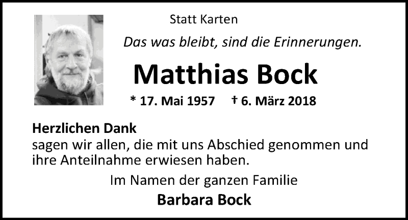  Traueranzeige für Matthias Bock vom 28.04.2018 aus Nordwest-Zeitung