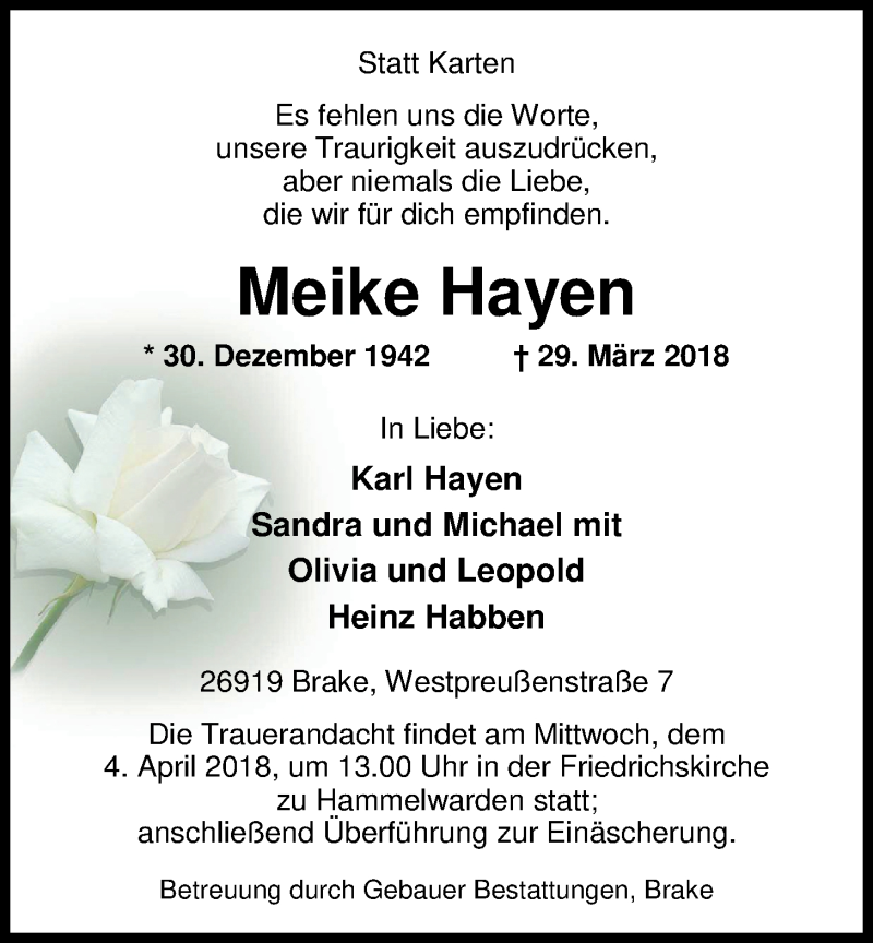  Traueranzeige für Meike Hayen vom 03.04.2018 aus Nordwest-Zeitung