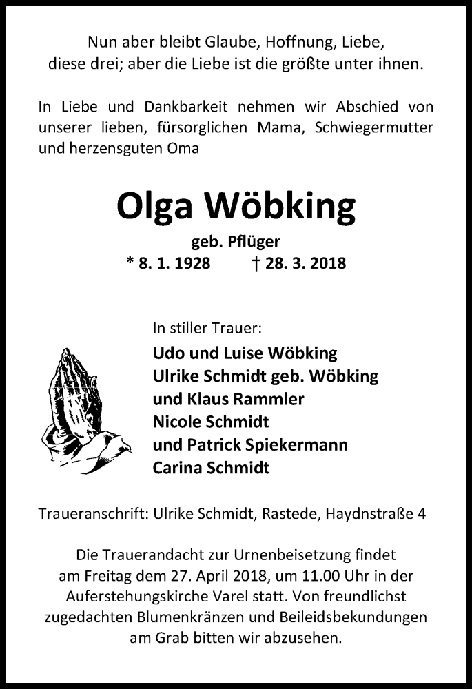  Traueranzeige für Olga Wöbking vom 23.04.2018 aus Nordwest-Zeitung