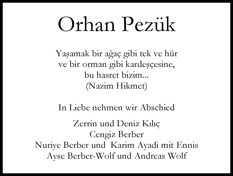  Traueranzeige für Orhan Pezük vom 24.04.2018 aus Nordwest-Zeitung