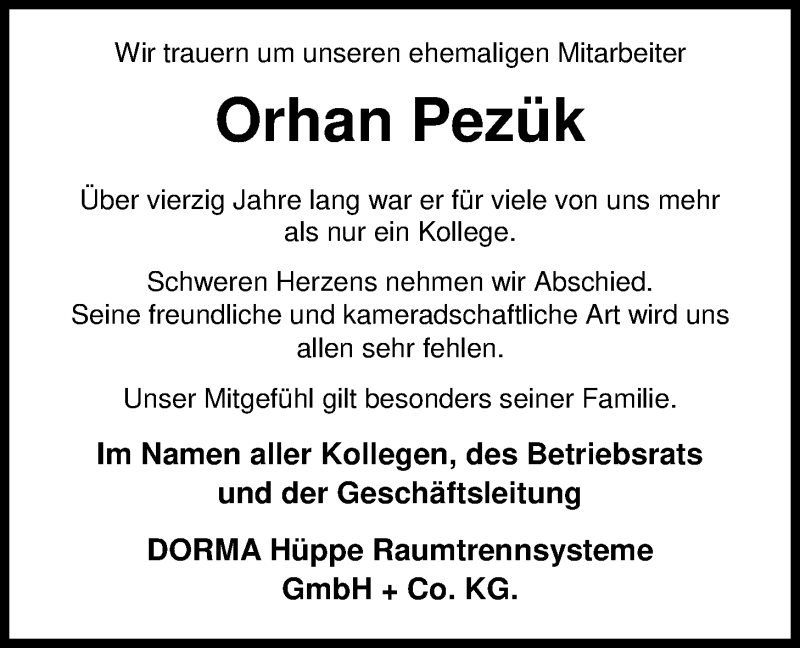  Traueranzeige für Orhan Pezük vom 25.04.2018 aus Nordwest-Zeitung