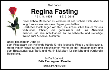 Traueranzeige von Regina Fasting von Nordwest-Zeitung