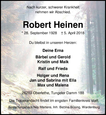 Traueranzeige von Robert Heinen von Nordwest-Zeitung