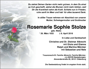 Traueranzeige von Rosemarie Sophie Stolze von Nordwest-Zeitung