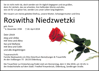 Traueranzeige von Roswitha Niedzwetzki von Nordwest-Zeitung