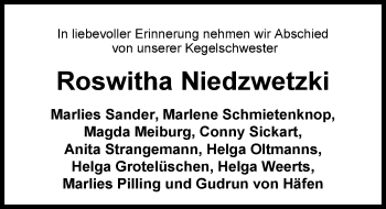 Traueranzeige von Roswitha Niedzwetzki von Nordwest-Zeitung