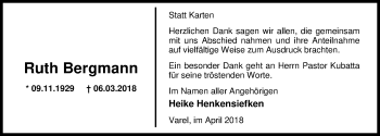 Traueranzeige von Ruth Bergmann von Nordwest-Zeitung
