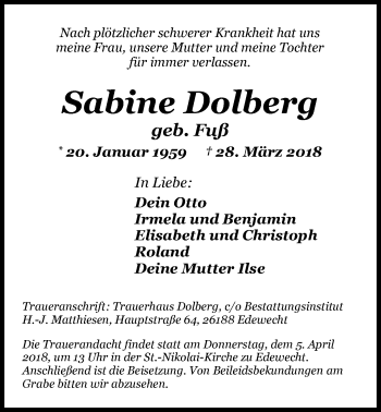 Traueranzeige von Sabine Dolberg von Nordwest-Zeitung